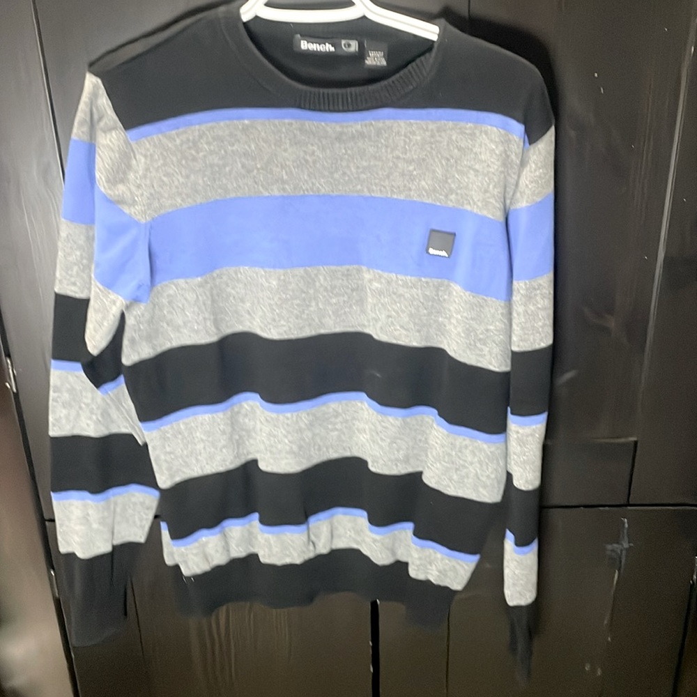 Bench Men's Blue/Black/Grey Striped Long Sleeve Sweater Size L